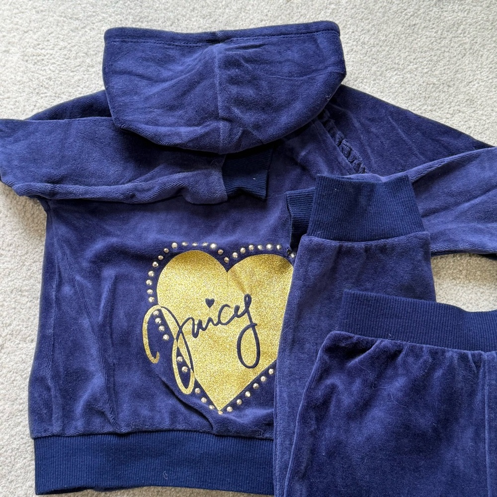Juicy Couture Toddler Velour Tracksuit Set Navy Blue Heart Hoodie & Pants 4T - Picture 4 of 13